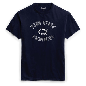 navy short sleeve t-shirt with Penn State Swimming arched above & below Athletic Logo